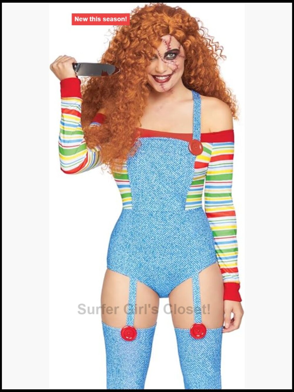 Killer Doll Costume Set Striped Long Sleeve Bodysuit Garter Leggings Halloween